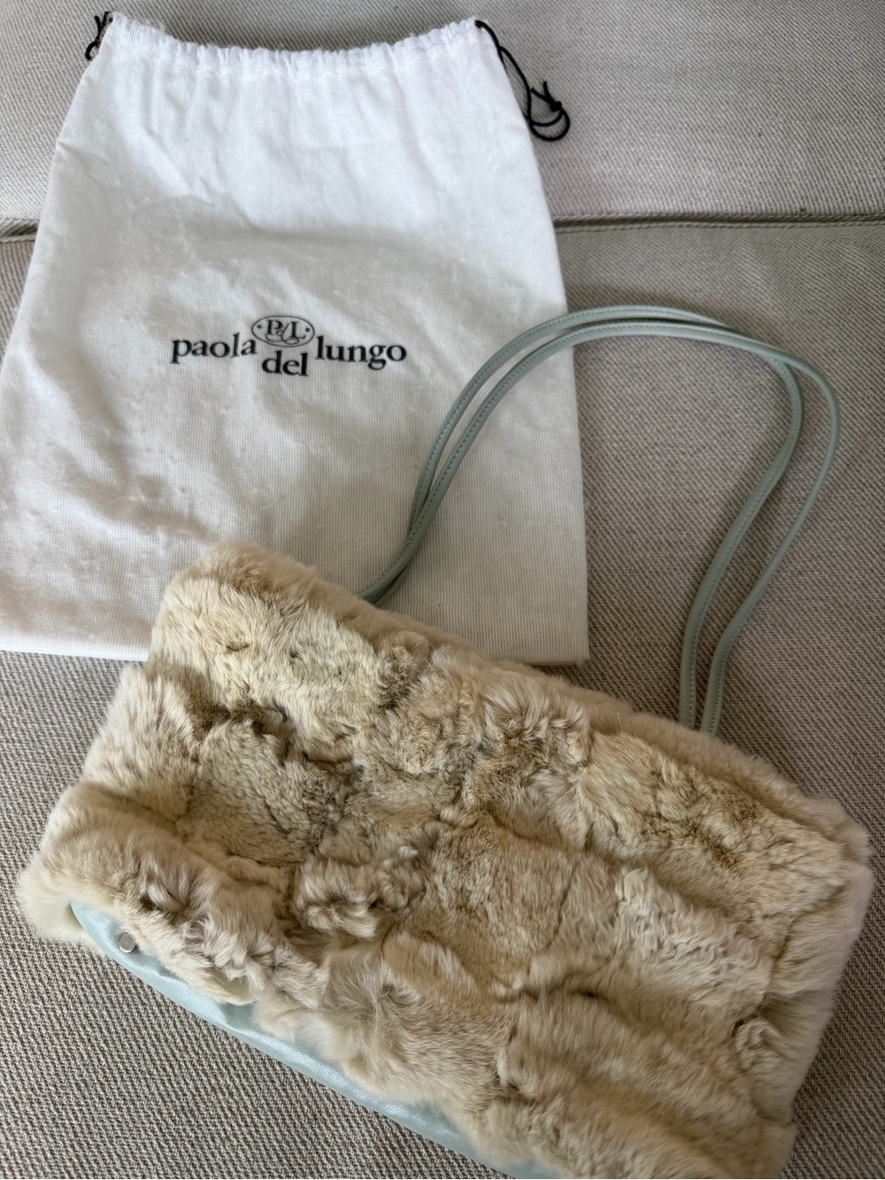 Paola Del Lungo Faux Fur Bucket Bag in Beige with Mint Interior. Made in Italy.